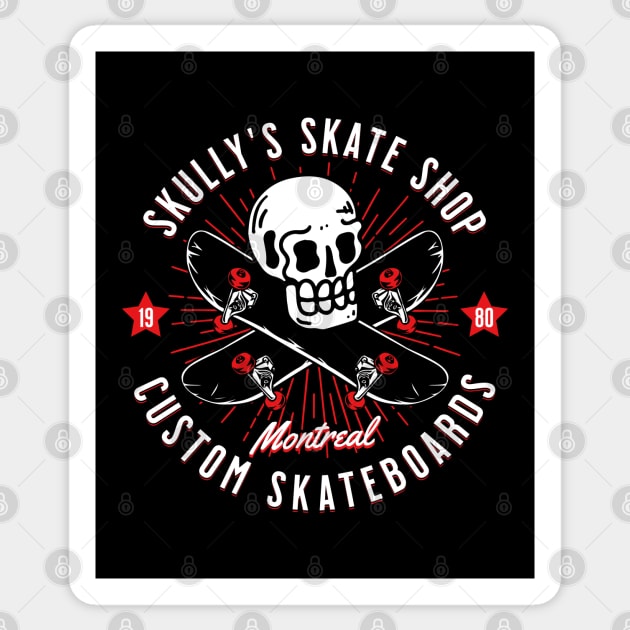 Skully's Skate Shop Vintage Skateboarding Skull Custom Board Sticker by Wasabi Snake